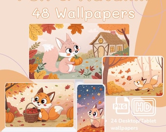 Kawaii Fox Autumn Wallpaper Set, Pastel Cottagecore (Digital Download)