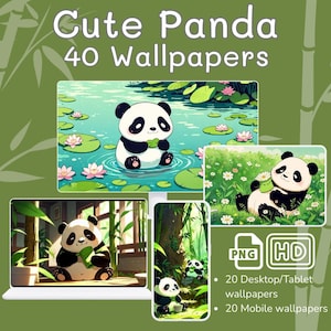 May include: Digital download of 40 panda wallpapers. The image shows a variety of panda illustrations in different settings, including a pond, a field of flowers, and a bamboo forest. The text reads "Cute Panda 40 Wallpapers". Includes 20 desktop/tablet and 20 mobile wallpapers.