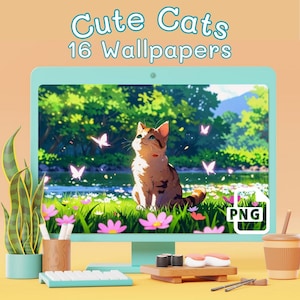 May include: A desktop computer displays a digital illustration of a cat in a field with butterflies. The screen reads "Cute Cats 16 Wallpapers". A keyboard, plant, and sushi are on the desk.