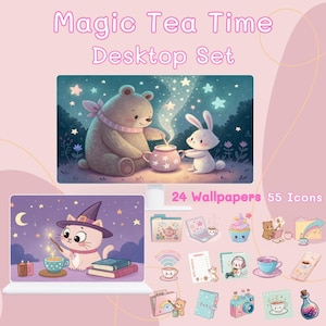 May include: A desktop set with a "Magic Tea Time" theme. The set includes a laptop with a cat illustration, a monitor with a bear and bunny, and various icons. The color palette is soft pink and purple, with whimsical illustrations.