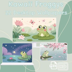 May include: A digital product featuring 22 desktop wallpapers with a cute frog theme. The wallpapers showcase adorable frogs in various settings, including a pond with lotus flowers and a starry night scene. The text "Kawaii Froggy's" is at the top.