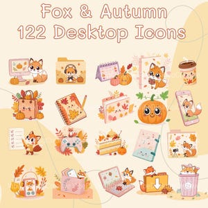 Puede incluir: Una colección de 122 iconos de escritorio con temática de otoño y zorros. Los iconos incluyen calabazas, zorros, cuadernos y otros gráficos con temática otoñal. El texto "Fox & Autumn" y "122 Desktop Icons" se muestra en la parte superior.