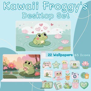 May include: A desktop set featuring a Kawaii Froggy theme. The image includes a laptop, a desktop background with a frog on a lily pad, and various icons. The text reads "Kawaii Froggy's Desktop Set", "22 Wallpapers 65 Icons".