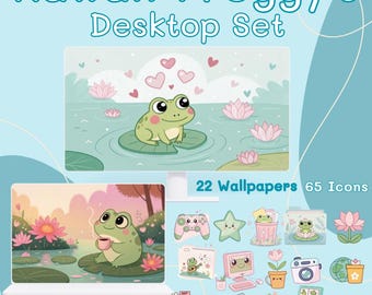 Kawaii Frog Desktop Organizer: Cozy Pastel Wallpaper & PC Icons (Digital Download)