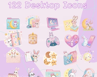 May include: A collection of 122 desktop icons featuring a bunny and moon theme. The icons include folders, a computer, a game controller, and other items, all with a pastel color palette and cute illustrations.