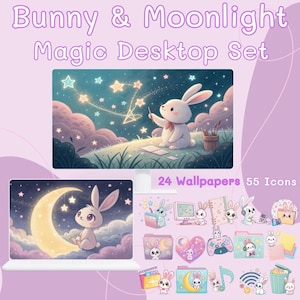 May include: A desktop set with a bunny and moon theme. The set includes 24 wallpapers and 55 icons. The image features a bunny drawing stars in the sky and a bunny sitting on a crescent moon. The text "Bunny & Moonlight Magic Desktop Set" is at the top.