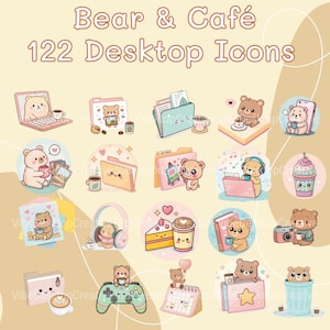 Puede incluir: Un conjunto de 122 iconos de escritorio con el tema "Bear & Café". Los iconos incluyen ilustraciones de osos con café, ordenadores portátiles, carpetas y otros accesorios en una paleta de colores pastel.