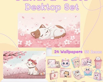 Sakura Cat Desktop Wallpaper & Icon Set: Kawaii Pink Cherry Blossom (Digitaler Download)
