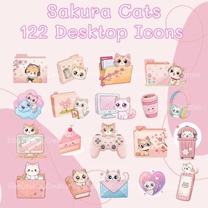 May include: Pink desktop icons featuring cartoon cats, cherry blossoms, and other cute illustrations. The text "Sakura Cats 122 Desktop Icons" is displayed at the top of the image. The icons include folders, a computer, and a coffee cup.