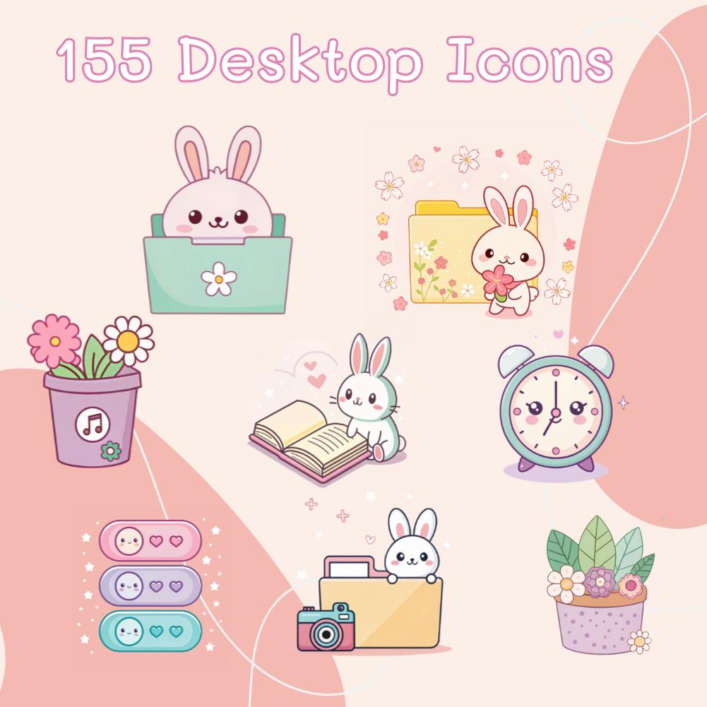 Windows Icon Rabbit Set Kawaii Bunny Desktop Icons: Pastel Floral Rabbits (digital Download) - Etsy