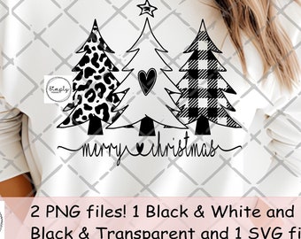 Alberi di Natale leopardo SVG PNG, disegno di sublimazione di Buon Natale Albero di Natale bianco nero, camicia a quadri di bufalo leopardo