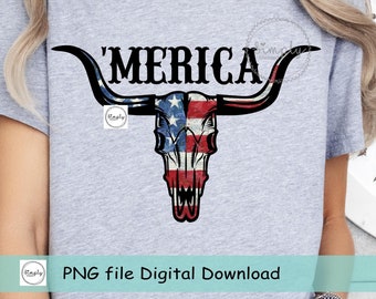 July 4th png, American Flag Cow skull, Merica png, Fourth of July, America, Patriotic Sublimation Design, 4th of July, Western Rodeo
