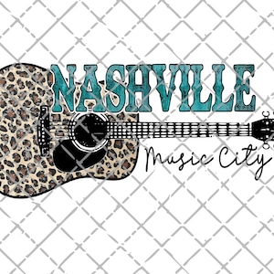 Nashville png, sublimatieontwerp countrymuziek, western png, ontwerp gitaarshirt met luipaardprint, Music City Tennessee png