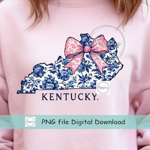 Lazo de coqueta de Kentucky PNG, diseño de camiseta de Kentucky con estampado floral azul, lazo rosa de Kentucky de moda, chinoiserie preppy DTF o sublimación, popular
