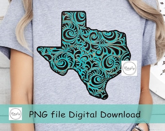 Texas png, Texas Tooled Leather Turquoise shirt design download, Western Texas DTF png, Trendy Texas Png, Texas digitaal bestand, Populair Texas