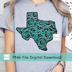 Texas png, Texas Tooled Leather Turquoise shirt design download, Western Texas DTF png, Trendy Texas Png, Texas digital file, Popular Texas