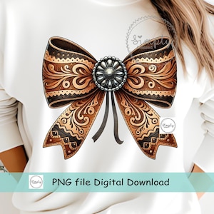 May include: A brown and gold bow with intricate floral designs and a silver buckle in the centre. The bow is on a white background.