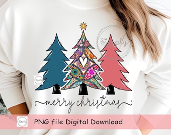 Christmas trees png, Boho Christmas sublimation design, retro Christmas shirt design, Merry Christmas png, Christmas Boho printable clipart