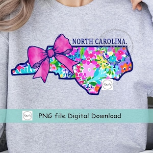 North Carolina Coquette Bow PNG, Spring Summer Floral North Carolina shirt design, Trendy North Carolina Pink Bow, Preppy State DTF, Popular