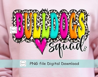 May include: A pink sweatshirt with a colorful graphic that says "Bulldogs Squad" with a pink heart. The graphic is surrounded by a leopard print pattern.