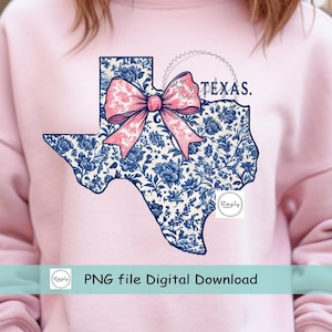 Noeud coquette texan PNG, conception de chemise Texas toile florale bleue, Texas tendance avec noeud rose, Chinoiserie preppy DTF ou sublimation, Populaire png