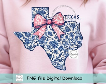 Texas Coquette Bow PNG, Blue Floral Toile Texas shirt design, Trendy Texas with Pink Bow, Preppy Chinoiserie DTF or sublimation, Popular png