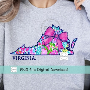 Virginia Coquette Bow PNG, State Png, Spring Floral Virginia shirt design, Trendy Virginia Pink Bow, Preppy Chinoiserie for DTF, Popular