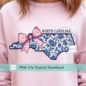 North Carolina Coquette Bow PNG, Blue Floral Toile North Carolina shirt design, Trendy North Carolina Bow, Preppy Chinoiserie DTF, Popular
