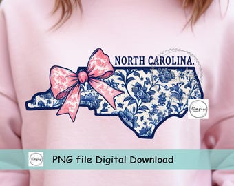 North Carolina Coquette Bow PNG, Blue Floral Toile North Carolina shirt design, Trendy North Carolina Bow, Preppy Chinoiserie DTF, Popular