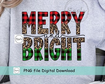 Merry and Bright Leopard Buffalo Plaid Png, Christmas Sublimation Designs Downloads, Sublimation Graphics PNG, Christmas PNG