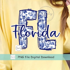 Diseño de camiseta de Florida PNG, Florida moderna PNG, Toile floral azul de Florida, Chinoiserie preppy estatal DTF o sublimación, Lazo coqueto popular