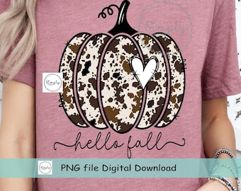 Pumpkin png, Hello Fall pumpkin sublimation design download, Fall PNG, Love Fall PNG, Cowhide Pumpkin png, Fall sublimate design, Fall Shirt