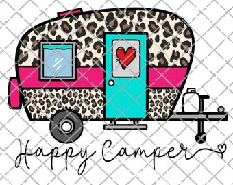 Campista feliz png, camping png, descarga de diseño de sublimación de leopardo para camping, archivo de sublimación de campista feliz, clip art de camping, estampado de leopardo