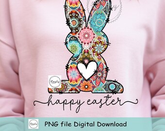 Boho Easter Bunny PNG: Floral Rabbit Shirt Design for DTF or Sublimation (Digital Download)