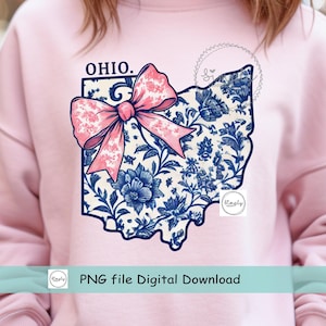 Laço de coquete de Ohio PNG, Estado Png, design de camisa azul floral Toile Ohio, laço rosa moderno de Ohio, Chinoiserie preppy DTF ou sublimação, popular