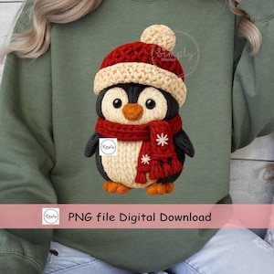 Puede incluir: Una sudadera verde con un diseño de pingüino. El pingüino lleva un gorro y una bufanda de punto rojos y crema, ambos con diseños de copos de nieve. La imagen incluye el texto "PNG file Digital Download".
