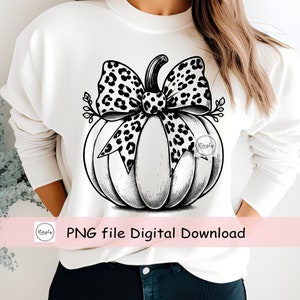 May include: Black and white digital illustration of a pumpkin with a leopard print bow. The pumpkin is drawn in a vintage style.