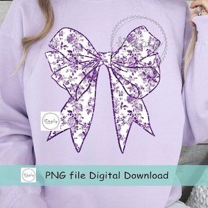 May include: A purple and white floral bow with a glittery effect. The bow is outlined in black and is a digital download.