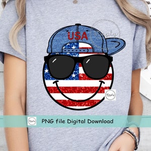 Smiley Face PNG le 4 juillet, conception de chemise faux paillettes Amérique, drapeau Smiley chapeau lunettes de soleil Png, USA Png, 4 juillet, tendance Amérique patriotique