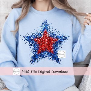 4 juli png, Star Glitter Sequin shirt design, Star PNG, faux pailletten glitter, Trendy 4 juli DTF of sublimatie, Blue Red Sequin Star