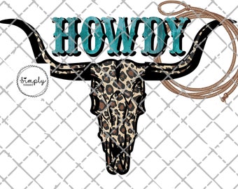 Howdy Cow Skull Png: Western Shirt Design DTF or Sublimation, Cowgirl Rodeo (Digital Download)