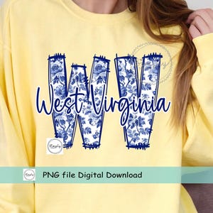 May include: A yellow sweatshirt featuring the words "West Virginia" in navy blue script. The letters "WV" are filled with a blue floral pattern. A small logo that says "Simply" is below the text. The words "PNG file Digital Download" are written below the logo.