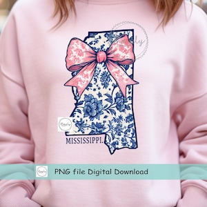 Mississippi Coquette Bow PNG, Blue Floral Toile Mississippi shirt design, Trendy Mississippi Pink Bow, Preppy Chinoiserie DTF, Popular Bow