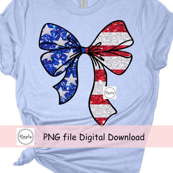 Coquette Bow PNG, July 4th PNG, Sparkly Red White Blue Glitter Bow shirt design, American Flag Patriotic PNG, Trendy Coquette Bows