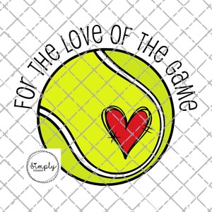 Puede incluir: Una pelota de tenis amarilla con un coraz&oacute;n rojo en el centro y el texto "For the love of the game" alrededor. La pelota est&aacute; sobre un fondo blanco con un patr&oacute;n de cuadr&iacute;cula gris.