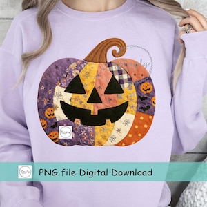 May include: A light purple sweatshirt featuring a patchwork pumpkin design. The pumpkin has a smiling jack-o'-lantern face and is made of various patterned fabrics in orange, purple, yellow, and brown. The text "PNG file Digital Download" is at the bottom.