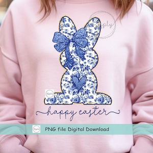 Grand Millennial Ostern png, Chinoiserie Bunny Blue Floral, Trendy Blue Toile Ostern, Adretter Kaninchen-Shirt-Design, Osterhase png, Beliebt