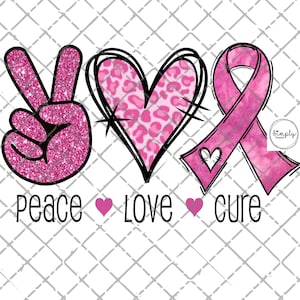 Cancro al seno in formato PNG, design per maglietta "Peace Love Cure" per DTF o sublimazione, file di sensibilizzazione sul cancro al seno, nastro rosa leopardato, sopravvissuto in formato PNG