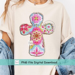 May include: A colorful cross-shaped design with floral patterns in pink, blue, and yellow. The cross has a fluffy, textured border and the text "PNG file Digital Download".