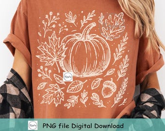Calabaza retro de otoño PNG, diseño de camiseta vintage de otoño, linograbado de otoño PNG para DTF, hojas de otoño PNG, camiseta de calabaza de otoño de moda, otoño PNG